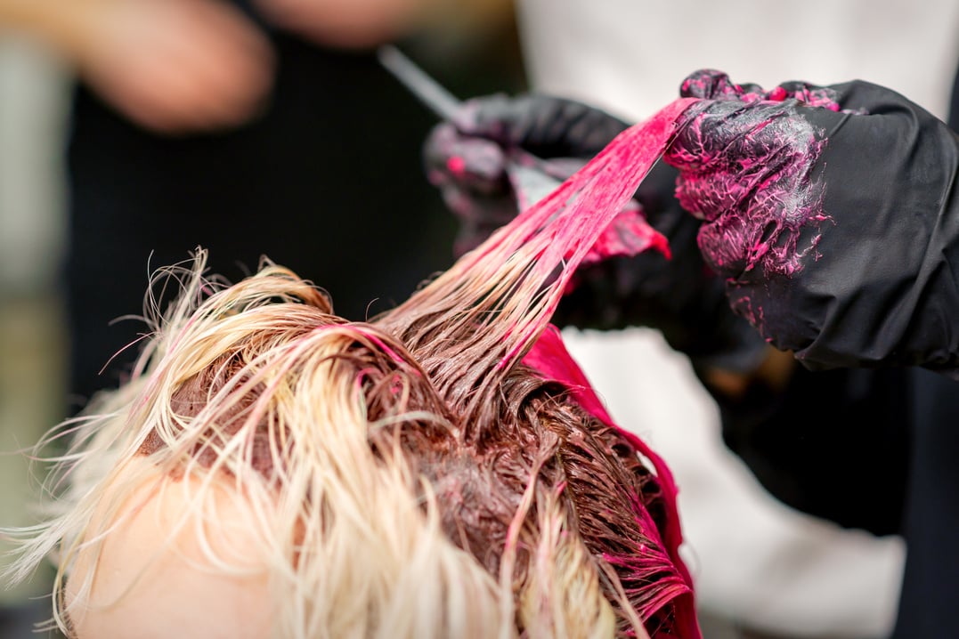 Hair Stylist Dying Hair of Woman with Pink Dye